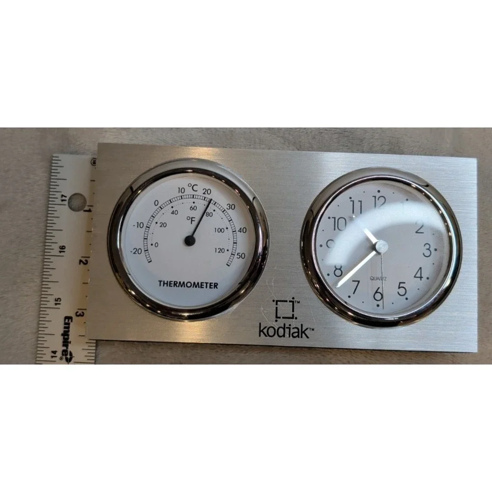 Kodiak Brushed Silver Desk Clock and Thermometer Dual Dial Analog Quartz Office